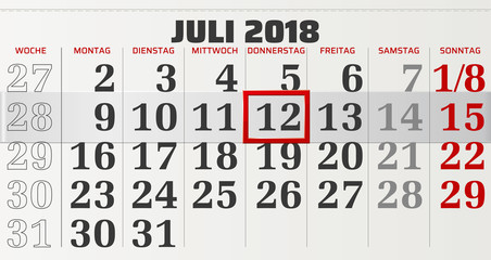 Monatskalender Juli 2018 Vektor Grafik mit verschiebbarem roten Rahmen 