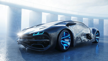 black futuristic electric car on seafront. Urban fog. Concept of future. 3d rendering.