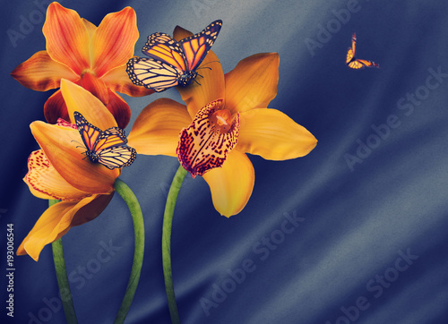 Plakat Kwiecisty tło orchidee, jaskrawi kwiaty na szarości. Zastosowano filtr z ziarnem.