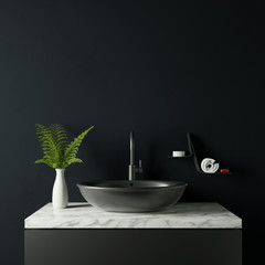 Dark bathroom with plant and vase 3d rendering