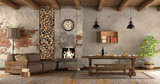 living room with fireplace in rustic style