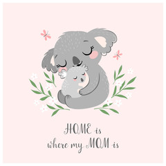 Mother's day greeting card or poster with cute koala mother and baby on pink background.