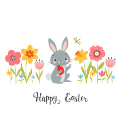 Easter design of cute bunny among spring flowers with hand drawn text