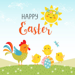 Easter background of cute chicks with happy sun and hand drawn text.