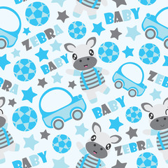 Seamless pattern of zebra boy and toys vector cartoon illustration for kid wrapping paper, kid fabric clothes, and wallpaper