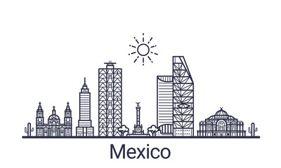 Linear banner of Mexico city. All buildings - customizable different objects with clipping mask, so you can change background and composition. Line art.