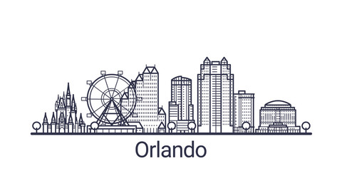 Linear banner of Orlando city. All buildings - customizable different objects with clipping mask, so you can change background and composition. Line art.