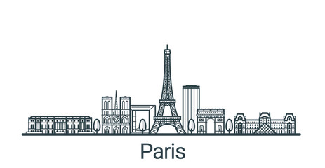 Linear banner of Paris city. All buildings - customizable different objects with clipping mask, so you can change background and composition. Line art.