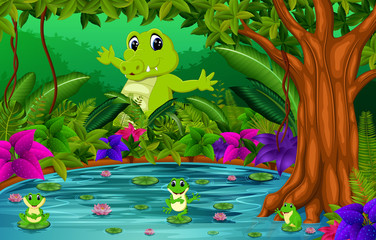 crocodile and frog in the jungle with lake scene