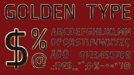 vector font with golden glossy outlines including letters, numbers and additional characters for headlines and commercial use