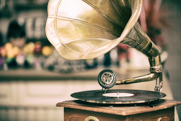 Retro old gramophone radio. Vintage style toned photo