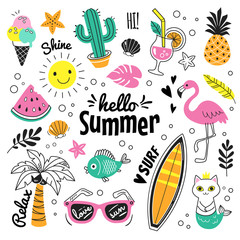 Hello Summer collection. Vector illustration of colorful funny doodle summer symbols, such as flamingo, ice cream, palm tree, sunglasses, cactus, surfboard, pineapple and watermelon.
