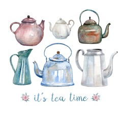 A set of six vintage watercolor kettles and teapots painted with watercolor. A cozy tea time greeting card.