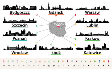 vector map of Poland with largest city skylines silhouettes
