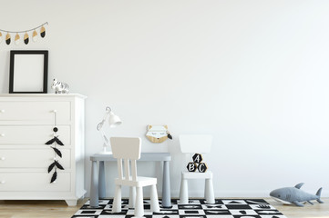 Wall mock up. Child's room interior. Scandinavian style. 3d rendering, 3d illustration