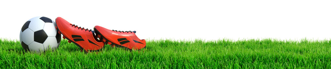 Fußball und Fußballschuhe auf Rasen Panorama isoliert weißer Hintergrund 3D Rendering