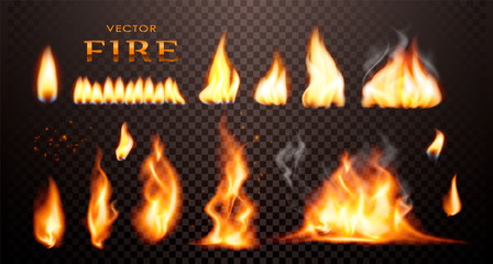 Realistic flame, vector 3d Fire collection, red lights, sparks, isolated on trensparent background.
