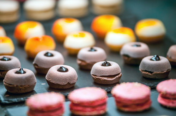 Small colorful cakes in showcase at bakery