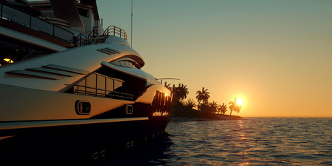 Extremely detailed and realistic high resolution 3D illustration of a Super Yacht approaching a tropical Island with palms