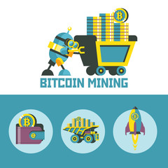 Bitcoin mining. Cute robot produces bitcoins. Vector illustration.