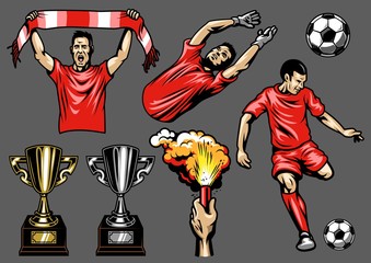 Set of soccer elements and players