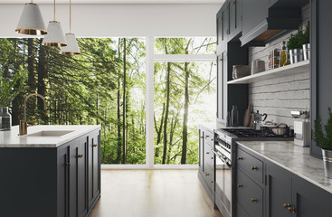 Cucina moderna realistica nel bosco, design minimal in legno e marmo, render 3d
