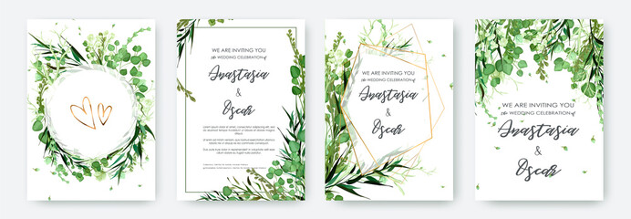 Wedding invitation frame set; flowers, leaves, watercolor, isolated on white. Sketched wreath, floral and herbs garland with green, greenery color. Handdrawn Vector Watercolour style, nature art.