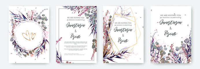 Wedding invitation frame set; flowers, leaves, watercolor, isolated on white. Sketched wreath, floral and herbs garland with green, greenery color. Handdrawn Vector Watercolour style, nature art.