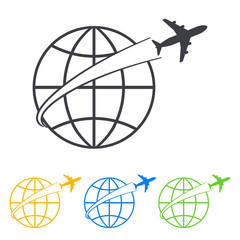 Icono plano avion alrededor del mundo en varios colores