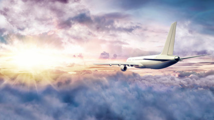 Airplane flying above clouds at sunset 3D Rendering