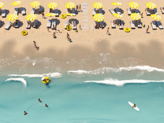 aerial top view on the beach with lots of beach umbrella. 3D rendering