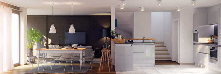 panorama view inside modern apartment with kitchen - wohnzimmer mit Küche