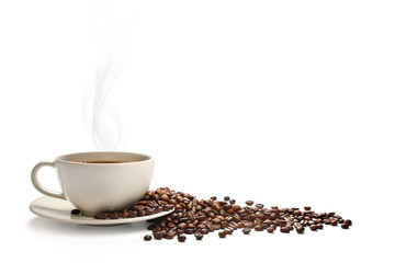  Cup of coffee with smoke and coffee beans isolated on white