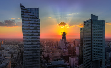 Warsaw Skyline with Skyscrapers during Sunset