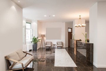 Luxury lobby interior with marble reception desk