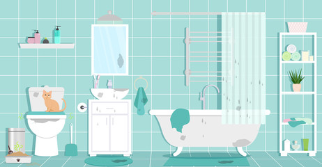 Dirty bathroom, toilet, cat's tray, dirty laundry. Vector flat illustration.