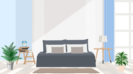 Interior design of modern apartments in gray-blue color. Large king size bed, flowers, alarm clock, books, lamp, window. Vector flat illustration.