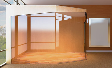 Modern meeting room. 3D rendering.. Blank paintings.  Mockup.