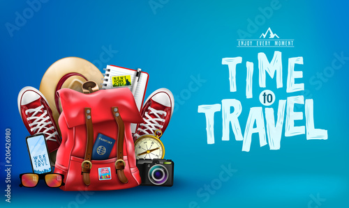 Вектор: 3D Realistic Time to Travel Banner with Items for Travelling like Backpack, Backpack, Sneakers, Compass, Mobile Phone, Sunglasses, Hat, Camera and Notebook in Blue Background. Vector Illustration
3D Realistic Time to Travel Banner with Items for Travelling like Backpack, Backpack, Sneakers, Compass, Mobile Phone, Sunglasses, Hat, Camera and Notebook in Blue Background. Vector Illustration