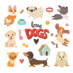 Puppies collection. Vector illustration of cute cartoon different breeds dogs, such as Corgi, French Bulldog, pug, Beagle, Labrador, Chihuahua and Dachshund. Isolated on white.