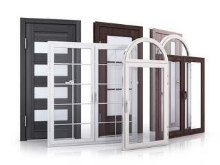 Advertising windows and doors on white background