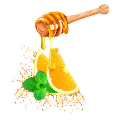 honey dripping and orange splash isolated on white background