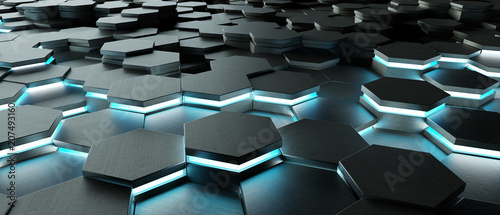 Иллюстрация: Black and blue hexagons background pattern 3D rendering Black and blue hexagons background pattern 3D rendering