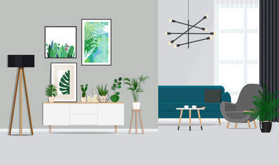 Interior design of a white living room with botanical posters and a sofa, indoor plants. Vector Flag illustration.