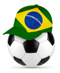 Classic black white leather soccer ball with brazil brazilian baseball fans cap isolated background sport football concept