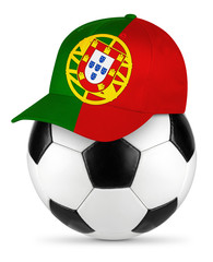 Classic black white leather soccer ball with portugal portuguese baseball fans cap isolated background sport football concept