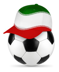 Classic black white leather soccer ball with iran iranian baseball fans cap isolated background sport football concept