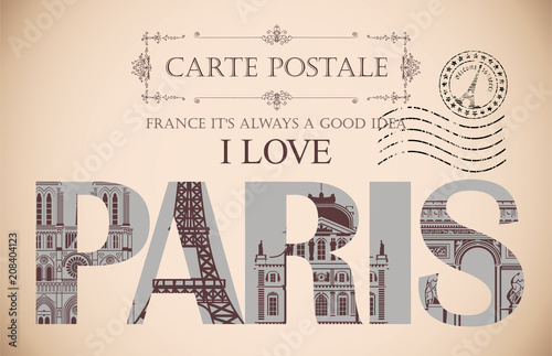 Retro postcard with words I love Paris and rubber stamp with Eiffel tower. Vintage vector card with contour drawings of the famous French architectural landmarks © paseven