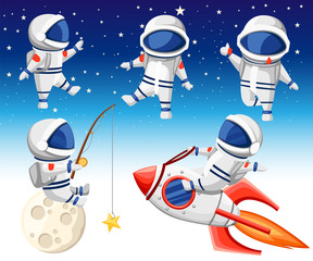 Cute astronaut collection. Astronaut sits on rocket, astronaut sits on moon and fishing and three dancing astronauts. Cartoon design style. Flat vector illustration on sky background