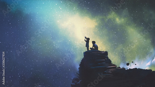 Иллюстрация: night scene of two brothers outdoors, llittle boy looking through a telescope at stars in the sky, digital art style, illustration painting night scene of two brothers outdoors, llittle boy looking through a telescope at stars in the sky, digital art style, illustration painting